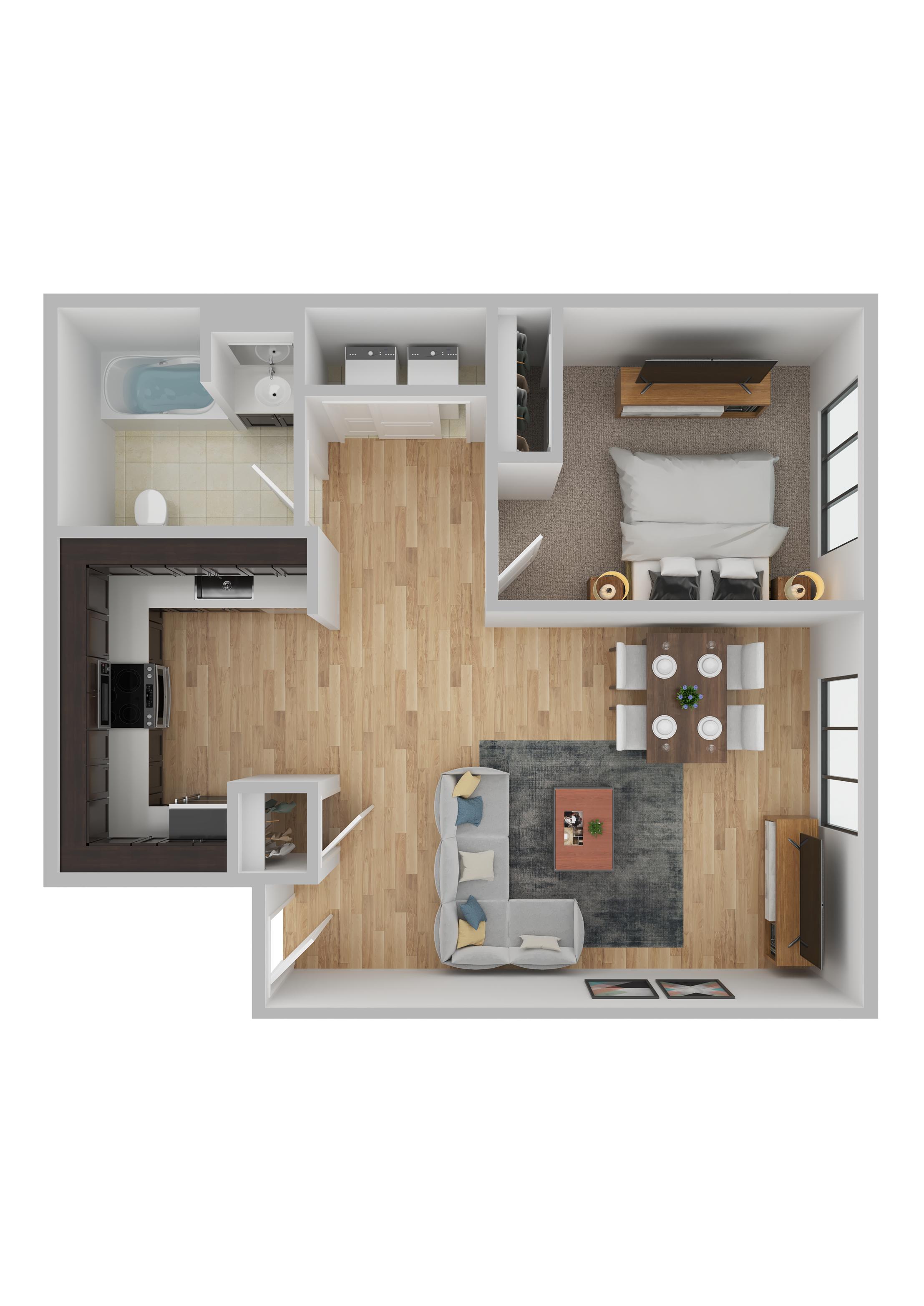 Floor plan for 1 bed, 1 bath, 748 sqft